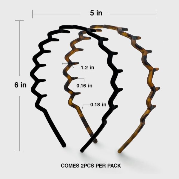 Kitsch Zig Zag Headbands, Recycled Plastic Wavy Hair Band with Teeth, Headband for Women and Men, Classic 90s Hair Accessories, 2pcs (Black and Brown) - Image 3