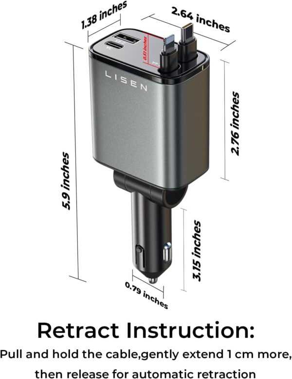 LISEN Retractable Car Charger, 69W USB C Car Accessories Adapter for iPhone 16 USB C Charger Fast Charging, Fathers Day for Gifts, Travel Essentials Gifts for Women Men, for iPhone 16 15 14 13 12 - Image 7