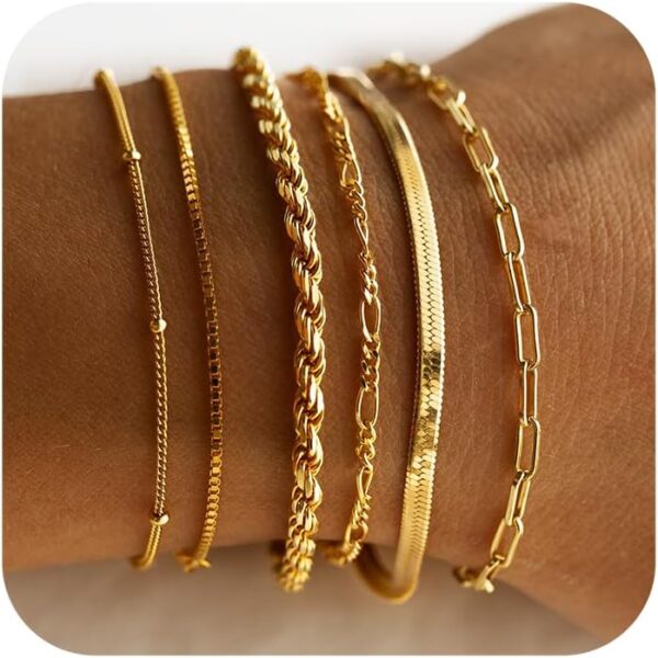 DEARMAY Gold Bracelets for Women 14K Real Gold Plated Jewelry Sets Stack Trendy Dainty Stackable Paperclip Rope Snake Box Figaro Chain Bracelets Pack Costume Fashion Filled Gifts - Image 2
