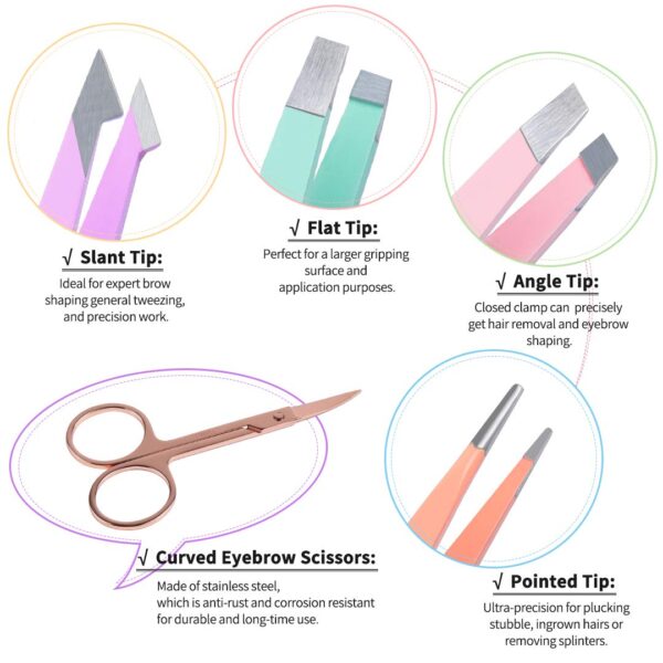 TsMADDTs 6 PCS Tweezers Set for Women, Eyebrow Tweezers with Curved Scissor for Ingrown Hair, Hair Plucking Daily Beauty Tools with Leather Travel Case - Image 4