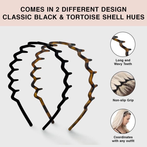 Kitsch Zig Zag Headbands, Recycled Plastic Wavy Hair Band with Teeth, Headband for Women and Men, Classic 90s Hair Accessories, 2pcs (Black and Brown) - Image 4