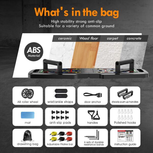 Push Up Board,Home Gym,Portable Exercise Equipment,Pilates Bar and 20 Fitness Accessories with Resistance Bands and Ab Roller Wheel,Full Body Workout at Home - Image 5