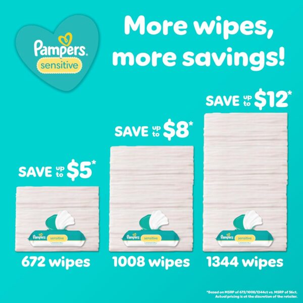 Pampers Sensitive Baby Wipes, Water Based, Hypoallergenic and Unscented, 8 Flip-Top Packs, 4 Refill Packs (1008 Wipes Total) - Image 4