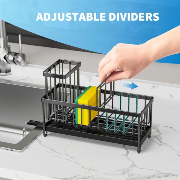 Cisily Black Sponge Holder for Kitchen Sink, Sink Caddy Organizer with High Brush Holder, Kitchen Countertop Organizers and Storage Essentials, Rustproof 304 Stainless Steel, Soap Dispenser Organize - Image 5