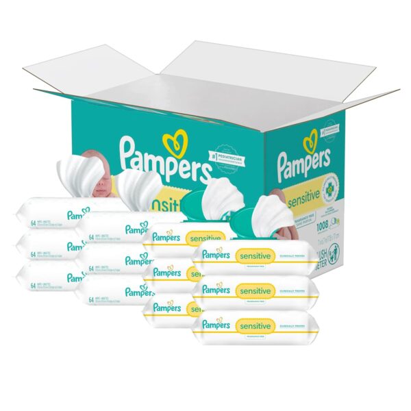 Pampers Sensitive Baby Wipes, Water Based, Hypoallergenic and Unscented, 8 Flip-Top Packs, 4 Refill Packs (1008 Wipes Total) - Image 2
