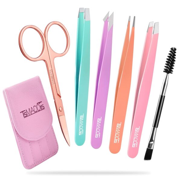 TsMADDTs 6 PCS Tweezers Set for Women, Eyebrow Tweezers with Curved Scissor for Ingrown Hair, Hair Plucking Daily Beauty Tools with Leather Travel Case - Image 2