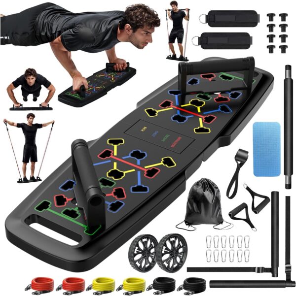 Push Up Board,Home Gym,Portable Exercise Equipment,Pilates Bar and 20 Fitness Accessories with Resistance Bands and Ab Roller Wheel,Full Body Workout at Home - Image 2