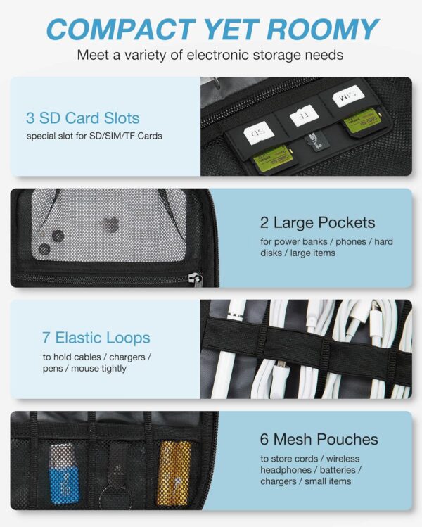 BAGSMART Electronics Travel Organizer Case, Tech Accessories Cord Storage Bag for Phone, Power Bank, SD Card, Cables, Black - Image 4