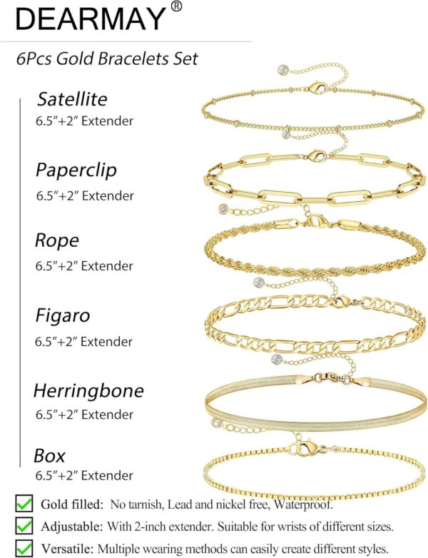 DEARMAY Gold Bracelets for Women 14K Real Gold Plated Jewelry Sets Stack Trendy Dainty Stackable Paperclip Rope Snake Box Figaro Chain Bracelets Pack Costume Fashion Filled Gifts - Image 6