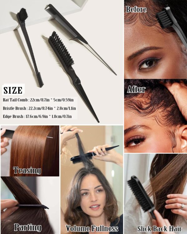 Slick Back Hair Brush Set: Hair Wax, Edge Brush, Rat Tail Comb, Bristle Brush, Hair Bun Accessories, Smoothing Brush for Women & Kids - Image 7