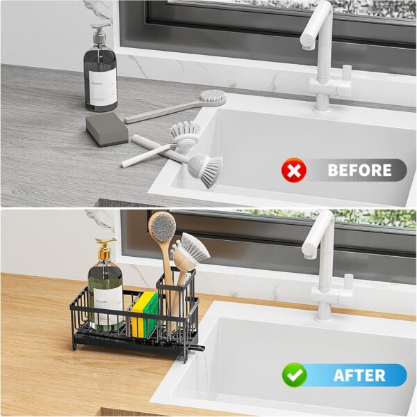 Cisily Black Sponge Holder for Kitchen Sink, Sink Caddy Organizer with High Brush Holder, Kitchen Countertop Organizers and Storage Essentials, Rustproof 304 Stainless Steel, Soap Dispenser Organize - Image 7