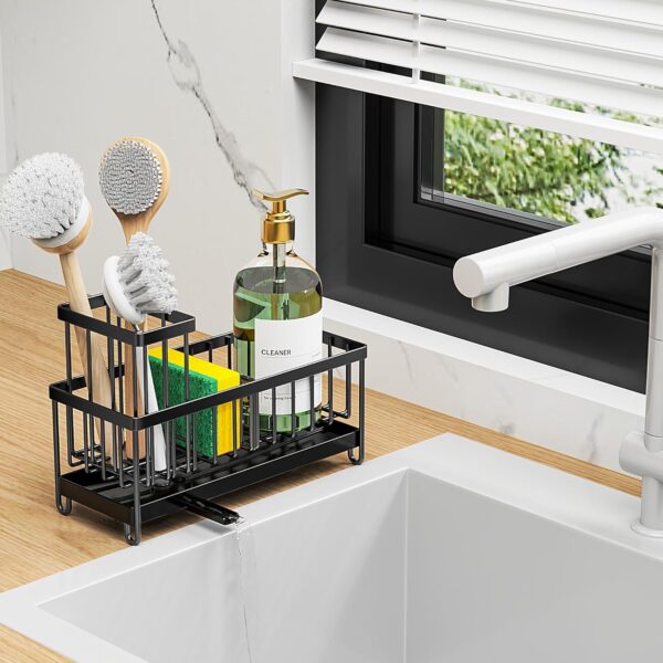 Cisily Black Sponge Holder for Kitchen Sink, Sink Caddy Organizer with High Brush Holder, Kitchen Countertop Organizers and Storage Essentials, Rustproof 304 Stainless Steel, Soap Dispenser Organize - Image 8