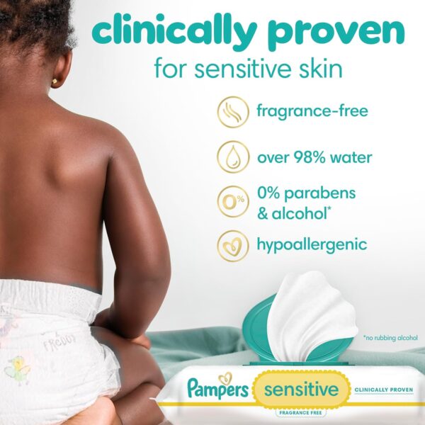 Pampers Sensitive Baby Wipes, Water Based, Hypoallergenic and Unscented, 8 Flip-Top Packs, 4 Refill Packs (1008 Wipes Total) - Image 3