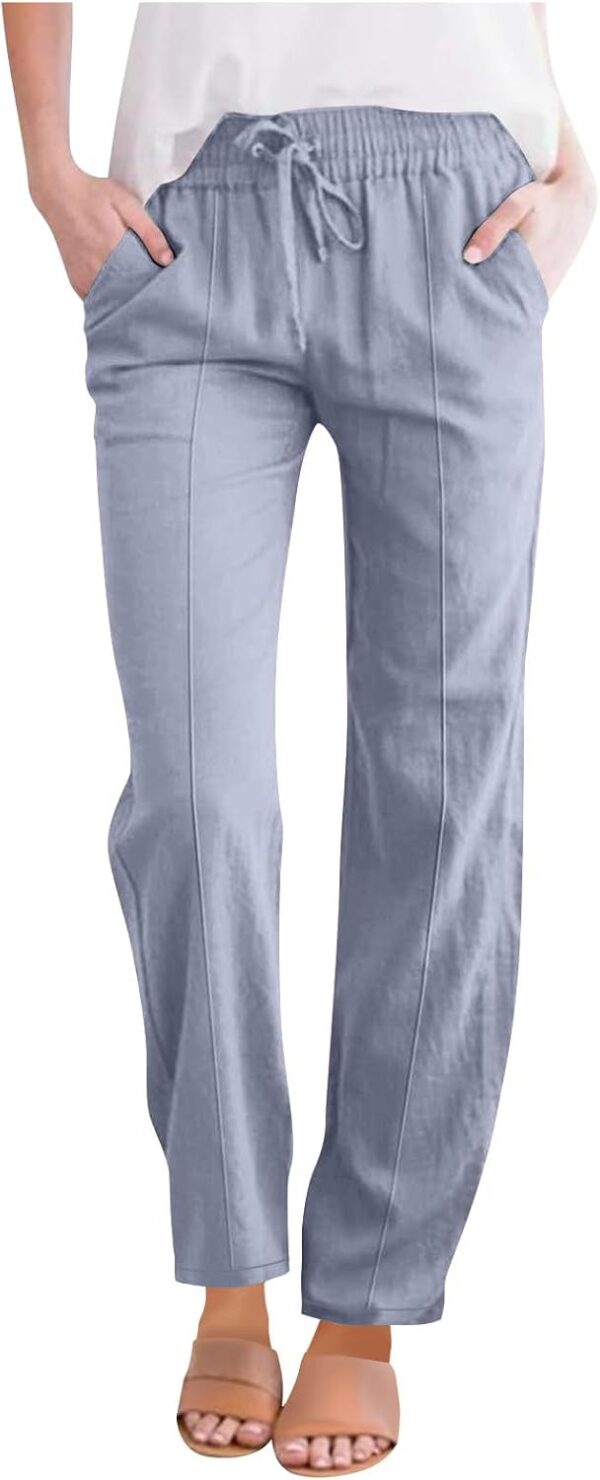 Hvyesh Womens Linen Pants Casual Pants High Waist Drawstring Loose Fit Summer Straight Leg Trousers with Pockets - Image 2