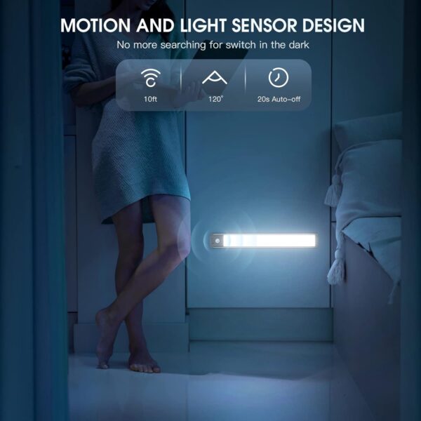 10inch Under Cabinet Lighting, 2 Pack Rechargeable Motion Sensor Light Indoor, 5 Levels Dimmable Magnetic Closet Lights, Wireless Under Counter Lights for Kitchen, Stairs - Image 5