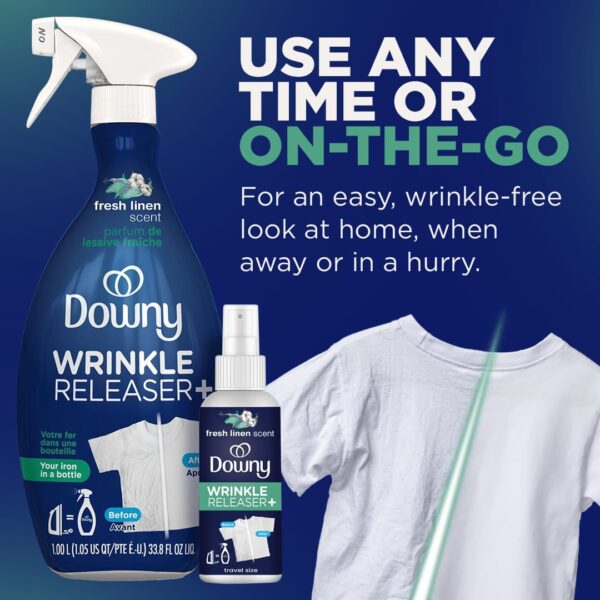 Downy Wrinkle Releaser Spray All In One Wrinkle Release Spray Travel Size, Odor Eliminator, Static Remover Fabric Refresher & Ironing Aid for Clothes 3 Fl Oz (Pack of 2), Crisp Linen Scent - Image 6
