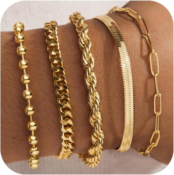 Gold Bracelets for Women,Dainty Bracelets Set for Women Trendy, Gold Bracelets Stack With Beaded, Cuban, Paperclip, Heart, Snake, Rope, Pearl, Cross, Hand Chain, Silver Jewelry Gifts for Women Christmas - Image 2