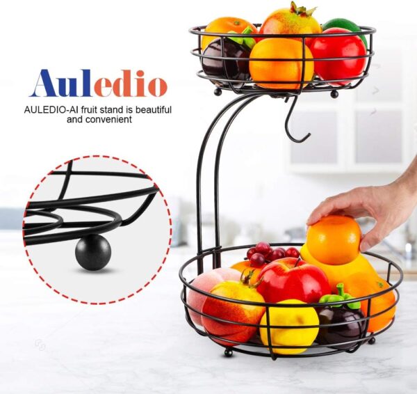 Auledio Iron 2-Tier Countertop Fruit Vegetables Basket Bowl Storage With Banana Hanger, Black, 64 ounces - Image 7