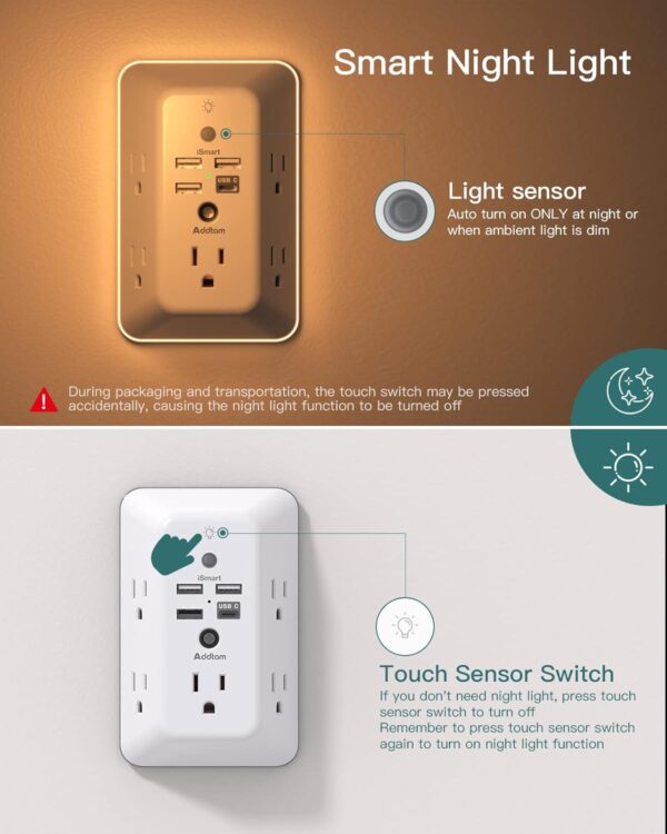 Surge Protector, Outlet Extender with Night Light, Addtam 5-Outlet Splitter and 4 USB Ports(1 USB C), Multi Plug Wall Outlet for Home Office Dorm Room Essentials - Image 4