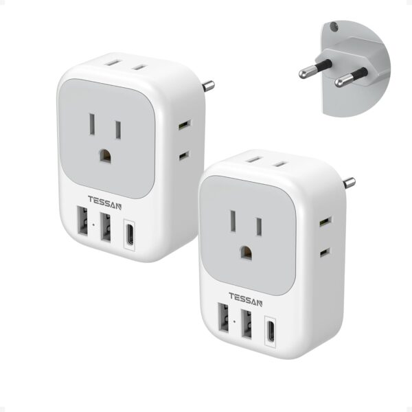2 Pack European Plug Adapter USB C, TESSAN US to Europe Adapter 4 Outlets 3 USB Charger, Type C International Power Adaptor to Italy Spain France Portugal Iceland Germany, Europe Travel Essentials - Image 2