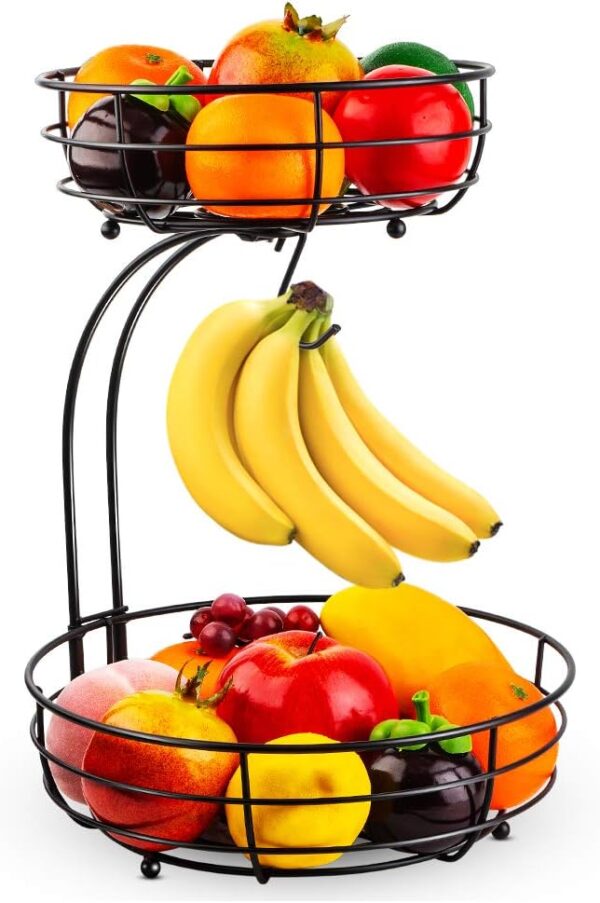 Auledio Iron 2-Tier Countertop Fruit Vegetables Basket Bowl Storage With Banana Hanger, Black, 64 ounces - Image 2