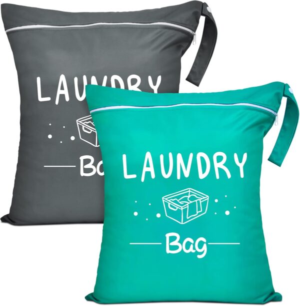 2 Pcs Large Travel Laundry Bags - Waterproof Wet/Dry, Washable, Drawstring, Bathing Suit, Workout, Gym Clothes, Swimming, Yoga - Green, Grey - Image 2