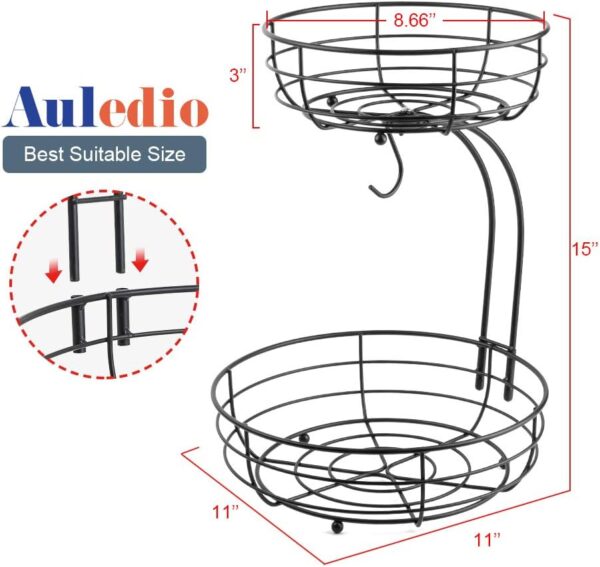 Auledio Iron 2-Tier Countertop Fruit Vegetables Basket Bowl Storage With Banana Hanger, Black, 64 ounces - Image 6