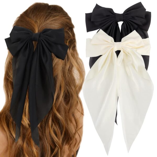 Silky Satin Hair Bows 2Pcs Big Hair Bows for Women Hair Ribbons Oversized Long Tail White Hair Bow Black Hair Bow Large Hair Ribbon Barrettes Metal Clips Bowknot Aesthetic Hair Accessories - Image 2