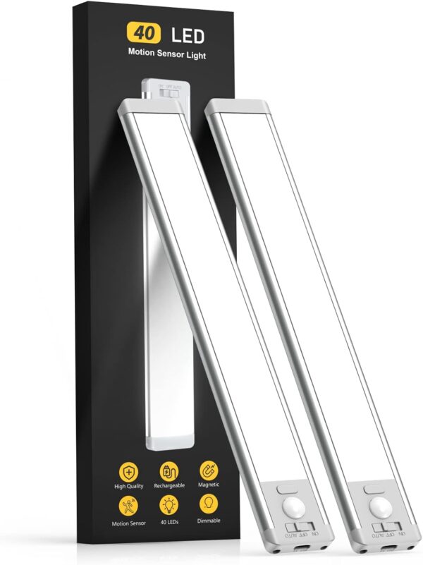 10inch Under Cabinet Lighting, 2 Pack Rechargeable Motion Sensor Light Indoor, 5 Levels Dimmable Magnetic Closet Lights, Wireless Under Counter Lights for Kitchen, Stairs - Image 2