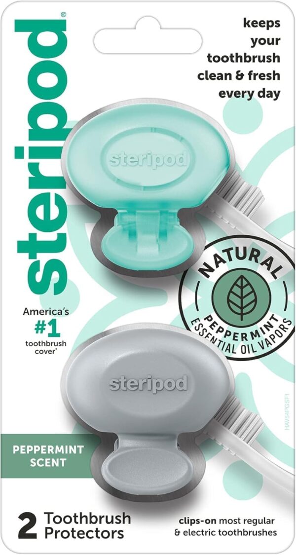 Steripod Clip-On Toothbrush Protector with Peppermint Essential Oils, Keeps Toothbrush Fresh and Clean, Travel Accessories, Fits Most Manual and Electric Toothbrushes, 2 Count - Image 2