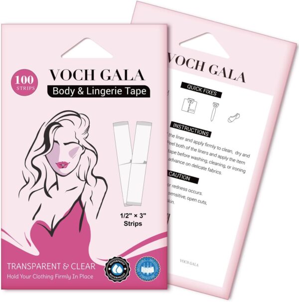 VOCH GALA 100 Strips Double Sided Tape for Fashion and Clothes, Waterproof Fashion Clothing Tape, Fabric Tape to Skin, Strong Adhesive Body Tape, Clear Transparent for All Skin Shades - Image 8