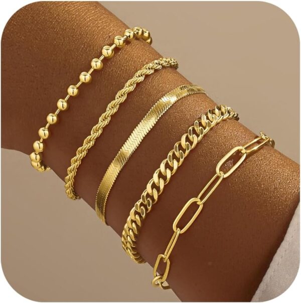 Gold Bracelets for Women,Dainty Bracelets Set for Women Trendy, Gold Bracelets Stack With Beaded, Cuban, Paperclip, Heart, Snake, Rope, Pearl, Cross, Hand Chain, Silver Jewelry Gifts for Women Christmas - Image 3