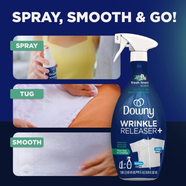 Downy Wrinkle Releaser Spray All In One Wrinkle Release Spray Travel Size, Odor Eliminator, Static Remover Fabric Refresher & Ironing Aid for Clothes 3 Fl Oz (Pack of 2), Crisp Linen Scent - Image 4
