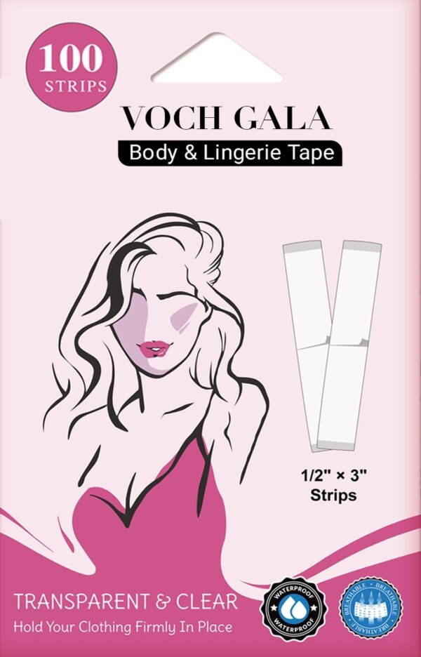 VOCH GALA 100 Strips Double Sided Tape for Fashion and Clothes, Waterproof Fashion Clothing Tape, Fabric Tape to Skin, Strong Adhesive Body Tape, Clear Transparent for All Skin Shades - Image 2