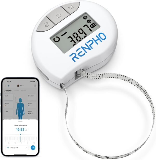 RENPHO Body Measuring Tape, Smart Tape Measure for Weight Loss, Bluetooth Fitness Equipment with App, Measuring Waist, Hip, Bust, Arms, Muscle Gain, Retractable, 60in /150cm, White - Image 2