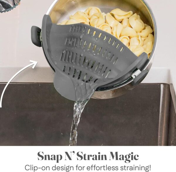 Kitchen Gizmo Snap N' Strain - Silicone Pasta Strainer Clip-On for Pots and Pans - Heat Resistant Colander for Vegetables and Noodles - Kitchen Gadgets for Cooking - Space-Saving Design - Gray - Image 4