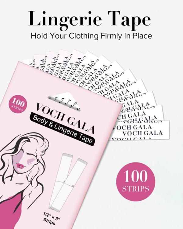 VOCH GALA 100 Strips Double Sided Tape for Fashion and Clothes, Waterproof Fashion Clothing Tape, Fabric Tape to Skin, Strong Adhesive Body Tape, Clear Transparent for All Skin Shades - Image 3