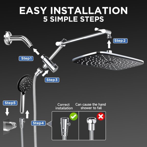 Veken Wide Rain Shower Head with 6 Modes Handheld Water Spray,High Pressure Showerhead Combo with Arm for Bathroom Accessories,Home Decor Detachable Dual Shower with Anti-Clog Nozzles,Silver Chrome - Image 8