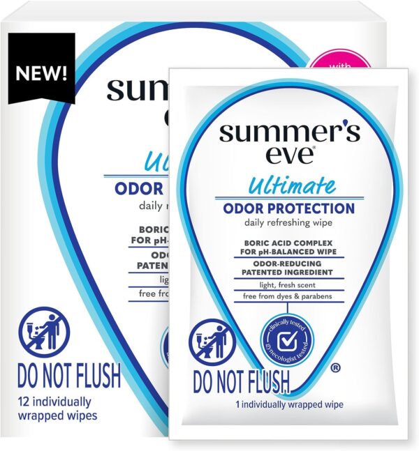 Summer's Eve, Ultimate Odor Control, Daily Feminine Wipes with Boric Acid, Removes Odor, On-the-go Body Wipes with pH Balance, 12 ct - Image 2