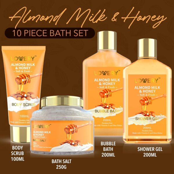 Gift Basket for Women - 10 Pc Almond Milk & Honey Beauty & Personal Care Set - Home Bath Pampering Package for Relaxing - Spa Self Care Kit - Thank You, Birthday, Mom, Anniversary Gift - Image 3