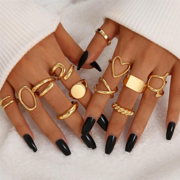 FAXHION 12PCS Gold Stackable Rings Set for Women, 18K Gold Plated Open Stacking Knuckle Ring, Adjustable Chunky Signet Rings for Gift - Image 10