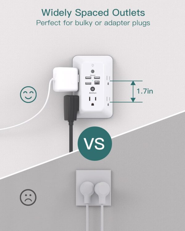 Surge Protector, Outlet Extender with Night Light, Addtam 5-Outlet Splitter and 4 USB Ports(1 USB C), Multi Plug Wall Outlet for Home Office Dorm Room Essentials - Image 6