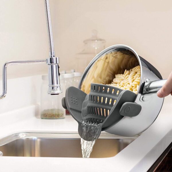 Kitchen Gizmo Snap N' Strain - Silicone Pasta Strainer Clip-On for Pots and Pans - Heat Resistant Colander for Vegetables and Noodles - Kitchen Gadgets for Cooking - Space-Saving Design - Gray - Image 3