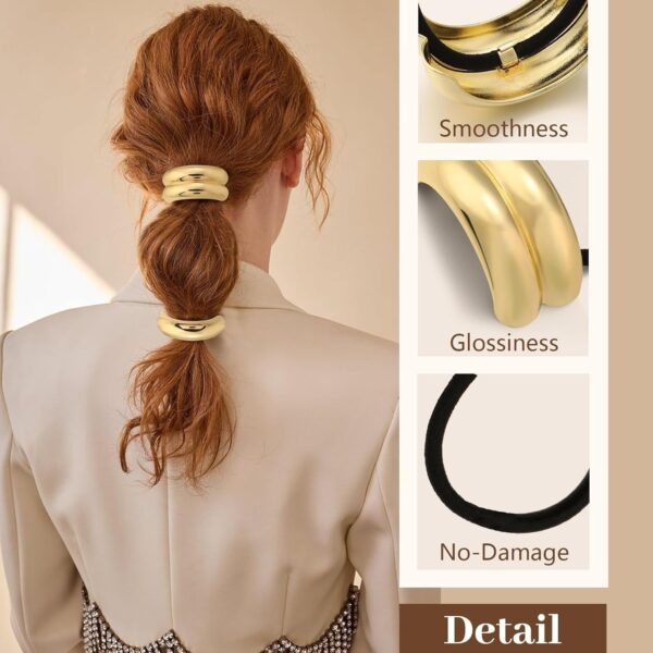 3PCS Gold Hair Ties, Metal Hair Ties for Thick Hair, Elegant Durable Geometric Design, Gold Hair Accessories Stretchy and Non-Damage Ponytail Cuff Holders, 3 Styles in Box Holiday Gifts - Image 5