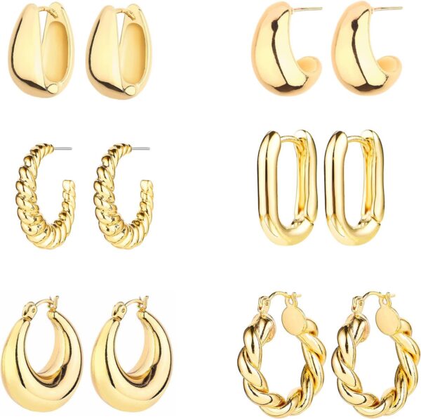 6 Pairs 14K Gold Hoop Earrings for Women Lightweight Chunky Hoop Earrings Multipack Hypoallergenic, Thick Open Twisted Huggie Hoops Earring Set Jewelry for Gifts. - Image 2