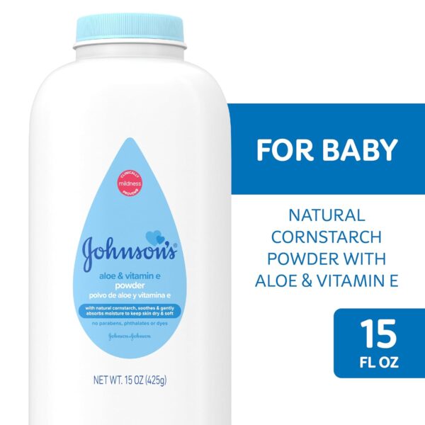 Johnson's Baby Powder with Naturally Derived Cornstarch, Aloe & Vitamin E for Delicate Skin, Hypoallergenic, Free of Parabens, Phthalates & Dyes for Gentle Baby Skin Care, 15 oz - Image 5