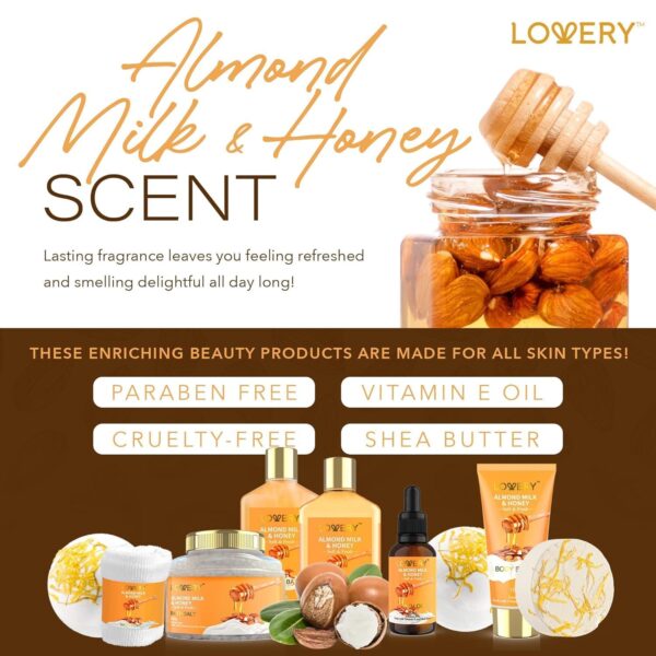 Gift Basket for Women - 10 Pc Almond Milk & Honey Beauty & Personal Care Set - Home Bath Pampering Package for Relaxing - Spa Self Care Kit - Thank You, Birthday, Mom, Anniversary Gift - Image 6