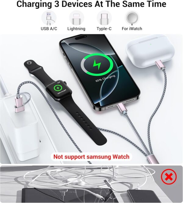 Temdan for Apple Watch Charger,3 in 2 USB C Cable for iPhone 16 Charger/Type C/Lightning,Multi Charging Cable Cord,Portable Travel Essentials Designed for iWatch Ultra/SE/10-1&iPhone 16-12-4FT - Image 5