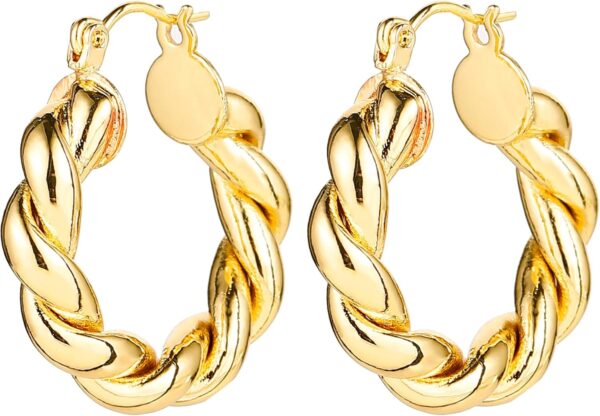 6 Pairs 14K Gold Hoop Earrings for Women Lightweight Chunky Hoop Earrings Multipack Hypoallergenic, Thick Open Twisted Huggie Hoops Earring Set Jewelry for Gifts. - Image 10