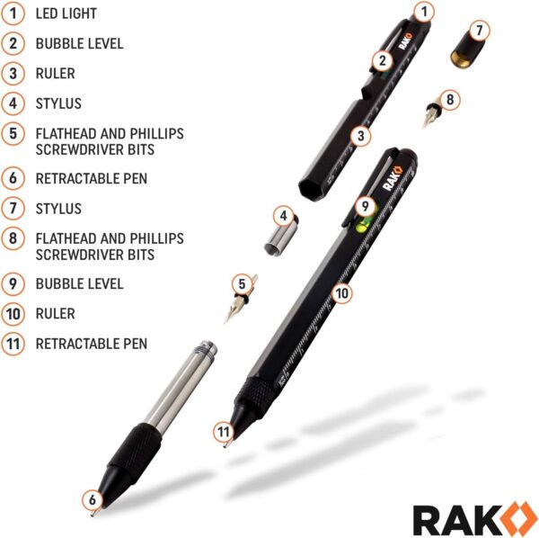RAK Multitool Pen 2-Pack - Fathers Day Gift, Multi-Tool Pens with LED Light, Flathead & Phillips Screwdrivers, Level, Ruler, Bottle Opener, and Stylus. Cool Gadgets Gifts for Men, Dad, EDC Pen Tool - Image 4